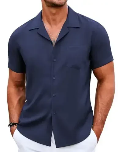 COOFANDY Men's Casual Button Down Shirts Short Sleeve Summer Beach Shirt Cuban Vacation Textured Shirts with Pocket - 1