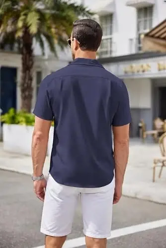 COOFANDY Men's Casual Button Down Shirts Short Sleeve Summer Beach Shirt Cuban Vacation Textured Shirts with Pocket - 4