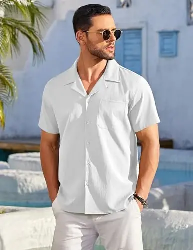 COOFANDY Men's Casual Button Down Shirts Short Sleeve Summer Beach Shirt Fashion Textured Shirts with Pocket - 2