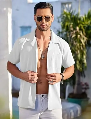 COOFANDY Men's Casual Button Down Shirts Short Sleeve Summer Beach Shirt Fashion Textured Shirts with Pocket - 3