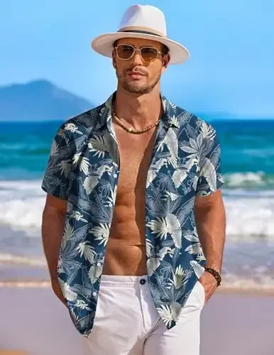 COOFANDY Men's Casual Button Down Shirts Short Sleeve Summer Beach Shirt Fashion Textured Shirts with Pocket - 3