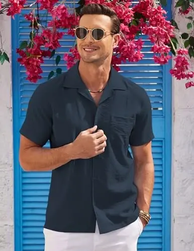 COOFANDY Men's Casual Button Down Shirts Short Sleeve Summer Cuban Vacation Beach Shirts - 2