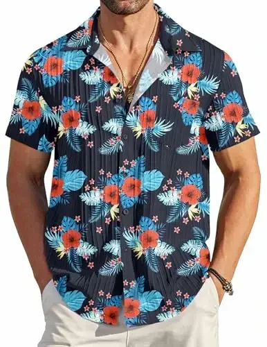 COOFANDY Men's Casual Button Down Shirts Short Sleeve Textured Summer Beach Shirt with Pocket 