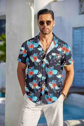 COOFANDY Men's Casual Button Down Shirts Short Sleeve Textured Summer Beach Shirt with Pocket - 4