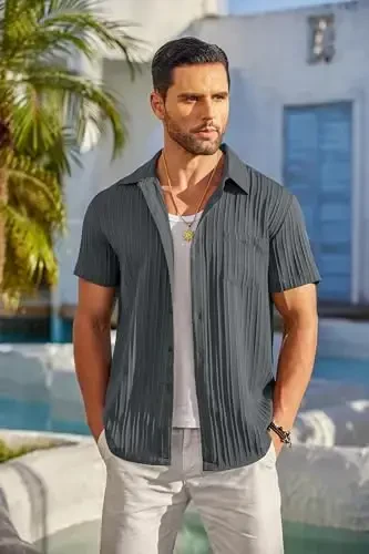 COOFANDY Men's Casual Button Down Shirts Short Sleeve Textured Summer Beach Shirt with Pocket - 3