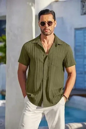 COOFANDY Men's Casual Button Down Shirts Short Sleeve Textured Summer Beach Shirt with Pocket - 2