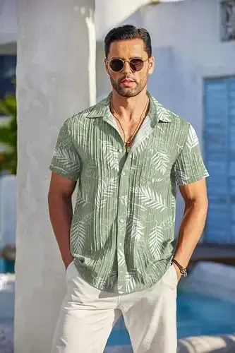 COOFANDY Men's Casual Button Down Shirts Short Sleeve Textured Summer Beach Shirt with Pocket - 2