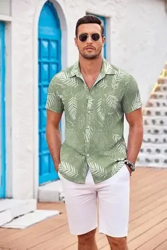 COOFANDY Men's Casual Button Down Shirts Short Sleeve Textured Summer Beach Shirt with Pocket - 3