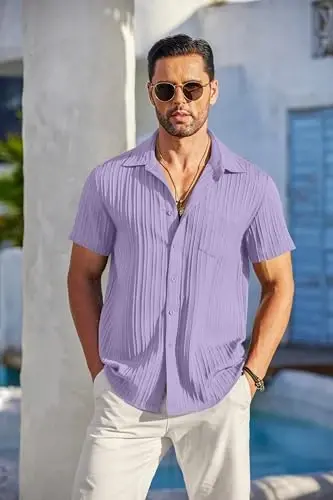 COOFANDY Men's Casual Button Down Shirts Short Sleeve Textured Summer Beach Shirt with Pocket - 1