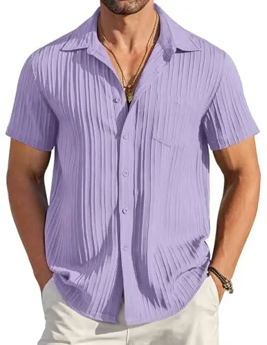 COOFANDY Men's Casual Button Down Shirts Short Sleeve Textured Summer Beach Shirt with Pocket - 6