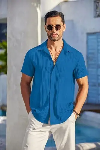 COOFANDY Men's Casual Button Down Shirts Short Sleeve Textured Summer Beach Shirt with Pocket - 1