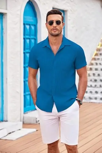 COOFANDY Men's Casual Button Down Shirts Short Sleeve Textured Summer Beach Shirt with Pocket - 2