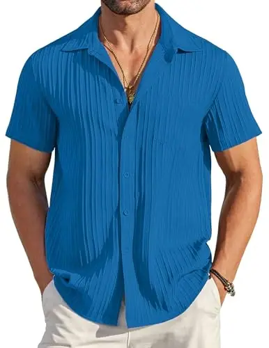 COOFANDY Men's Casual Button Down Shirts Short Sleeve Textured Summer Beach Shirt with Pocket - 6