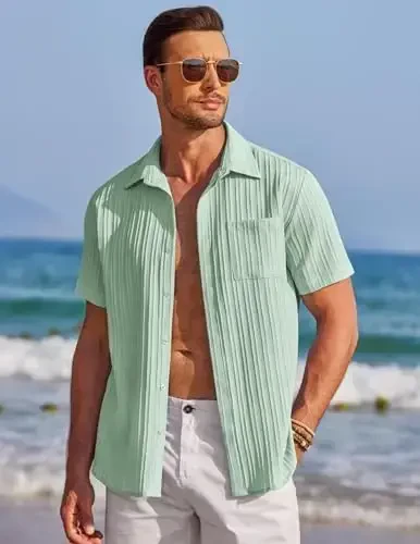COOFANDY Men's Casual Button Down Shirts Short Sleeve Textured Summer Beach Shirt with Pocket - 6