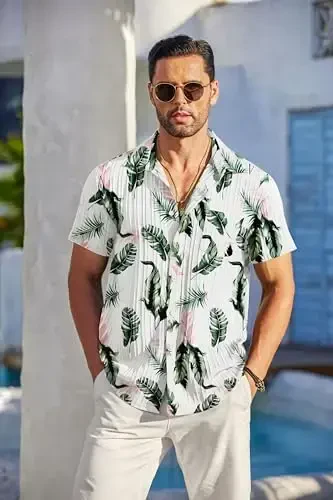 COOFANDY Men's Casual Button Down Shirts Short Sleeve Textured Summer Beach Shirt with Pocket - 2