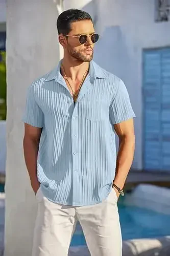 COOFANDY Men's Casual Button Down Shirts Short Sleeve Textured Summer Beach Shirt with Pocket - 3
