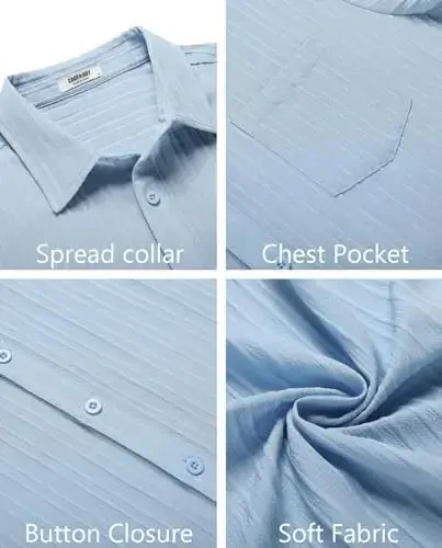 COOFANDY Men's Casual Button Down Shirts Short Sleeve Textured Summer Beach Shirt with Pocket - 5