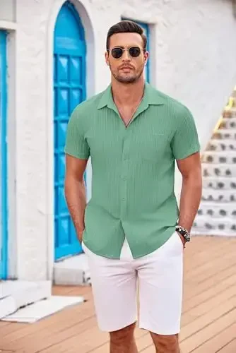 COOFANDY Men's Casual Button Down Shirts Short Sleeve Textured Summer Beach Shirt with Pocket - 3