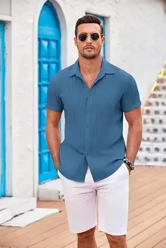 COOFANDY Men's Casual Button Down Shirts Short Sleeve Textured Summer Beach Shirt with Pocket - COOFANDY