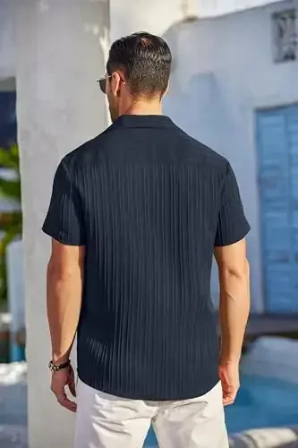COOFANDY Men's Casual Button Down Shirts Short Sleeve Textured Summer Beach Shirt with Pocket - 3