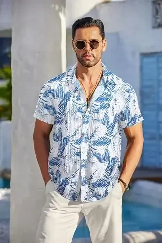 COOFANDY Men's Casual Button Down Shirts Short Sleeve Textured Summer Beach Shirt with Pocket - 2