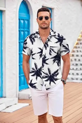 COOFANDY Men's Casual Button Down Shirts Short Sleeve Textured Summer Beach Shirt with Pocket - 2