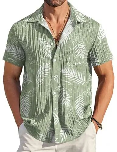 COOFANDY Men's Casual Button Down Shirts Short Sleeve Textured Summer Beach Shirt with Pocket - COOFANDY