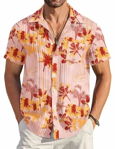 COOFANDY Men's Casual Button Down Shirts Short Sleeve Textured Summer Beach Shirt with Pocket - 1