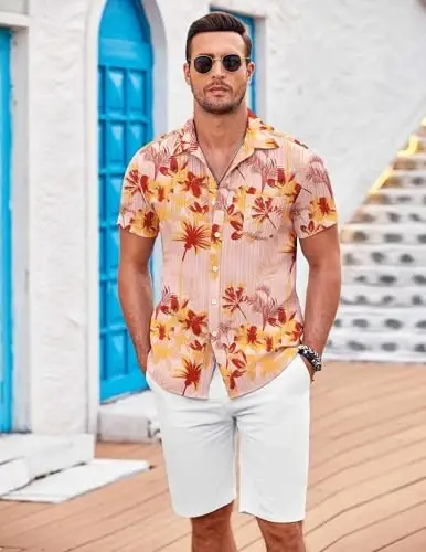 COOFANDY Men's Casual Button Down Shirts Short Sleeve Textured Summer Beach Shirt with Pocket - 3