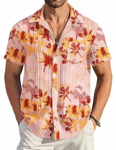 COOFANDY Men's Casual Button Down Shirts Short Sleeve Textured Summer Beach Shirt with Pocket - COOFANDY