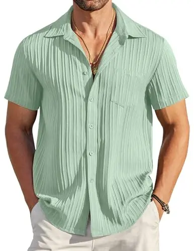 COOFANDY Men's Casual Button Down Shirts Short Sleeve Textured Summer Beach Shirt with Pocket - 1