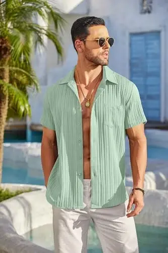 COOFANDY Men's Casual Button Down Shirts Short Sleeve Textured Summer Beach Shirt with Pocket - 3
