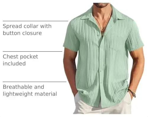 COOFANDY Men's Casual Button Down Shirts Short Sleeve Textured Summer Beach Shirt with Pocket - 4