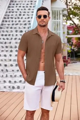 COOFANDY Men's Casual Button Down Shirts Short Sleeve Textured Summer Beach Shirt with Pocket - 3