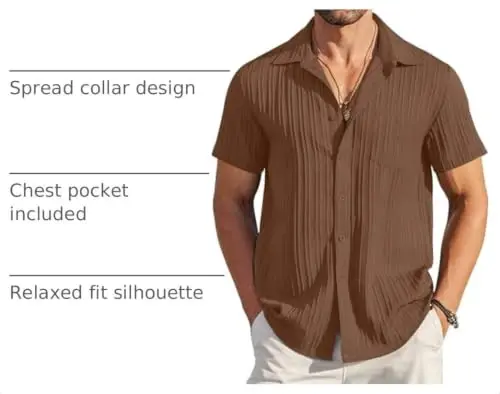 COOFANDY Men's Casual Button Down Shirts Short Sleeve Textured Summer Beach Shirt with Pocket - 4