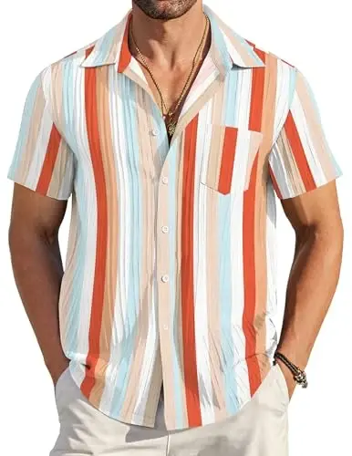 COOFANDY Men's Casual Button Down Shirts Short Sleeve Textured Summer Beach Shirt with Pocket - 1