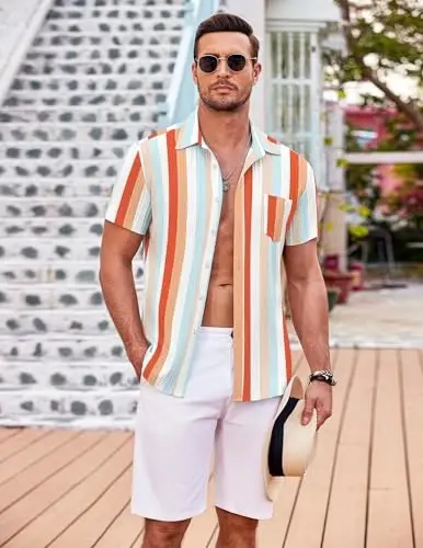 COOFANDY Men's Casual Button Down Shirts Short Sleeve Textured Summer Beach Shirt with Pocket - 3
