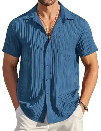 COOFANDY Men's Casual Button Down Shirts Short Sleeve Textured Summer Beach Shirt with Pocket - COOFANDY