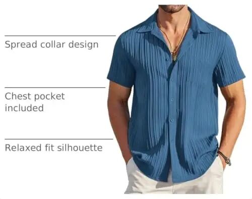 COOFANDY Men's Casual Button Down Shirts Short Sleeve Textured Summer Beach Shirt with Pocket - 4