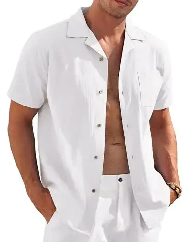 COOFANDY Mens Casual Cotton Linen Shirt Short Sleeve Button Up Shirts Summer Beach Top - COOFANDY