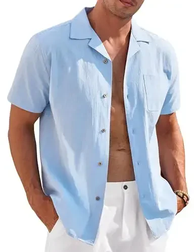 COOFANDY Mens Casual Cotton Linen Shirt Short Sleeve Button Up Shirts Summer Beach Top - 1