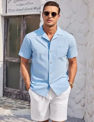 COOFANDY Mens Casual Cotton Linen Shirt Short Sleeve Button Up Shirts Summer Beach Top - 4
