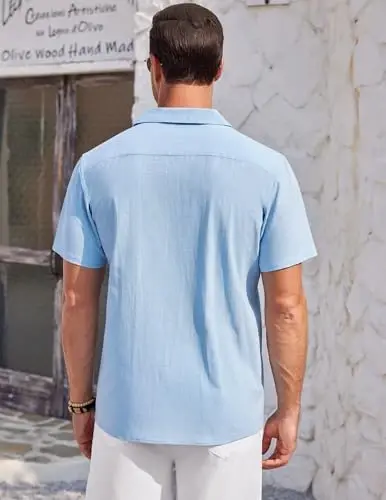 COOFANDY Mens Casual Cotton Linen Shirt Short Sleeve Button Up Shirts Summer Beach Top - 5