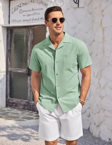 COOFANDY Mens Casual Cotton Linen Shirt Short Sleeve Button Up Shirts Summer Beach Top - 4