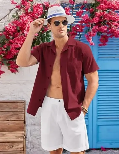 COOFANDY Mens Casual Cotton Linen Shirt Short Sleeve Button Up Shirts Summer Beach Top - 3