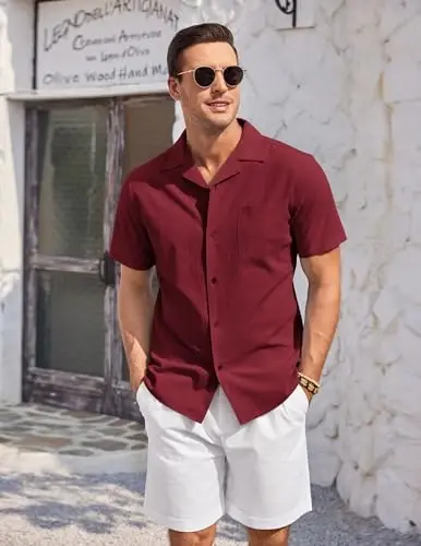 COOFANDY Mens Casual Cotton Linen Shirt Short Sleeve Button Up Shirts Summer Beach Top - 4