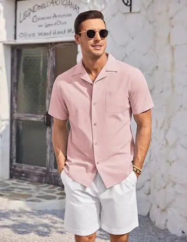COOFANDY Mens Casual Cotton Linen Shirt Short Sleeve Button Up Shirts Summer Beach Top - 4