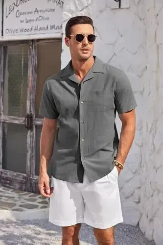 COOFANDY Mens Casual Cotton Linen Shirt Short Sleeve Button Up Shirts Summer Beach Top - 2