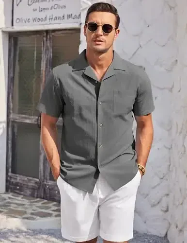 COOFANDY Mens Casual Cotton Linen Shirt Short Sleeve Button Up Shirts Summer Beach Top - 3