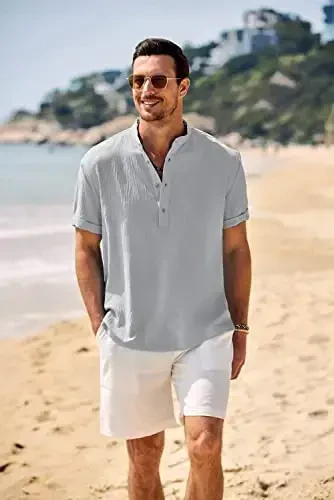 COOFANDY Men's Casual Henley Shirt Band Collar Short Sleeve Shirt Summer Beach Hippie T-Shirt - COOFANDY (1)